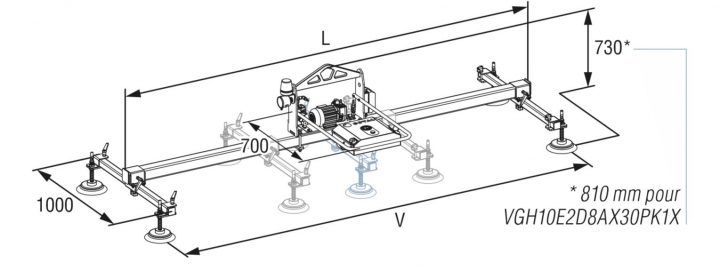 Diagram of a COVAL, VACUOGRIP VGH series horizontal vacuum lifting device (dimensions - adjustments)